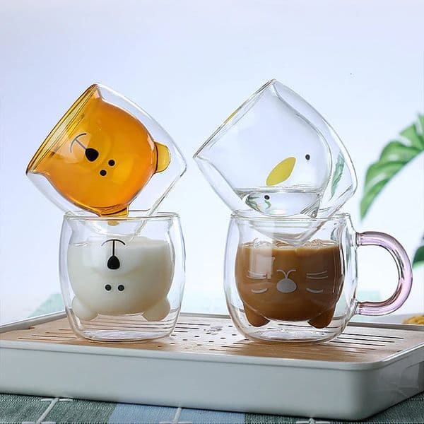 Double Glass Cup Qute Coffee Mug Bear Cat Dog Animal Transparent Cute Milk Juice Tea Drinking Cups Birthday Party Wine Glasses 260423