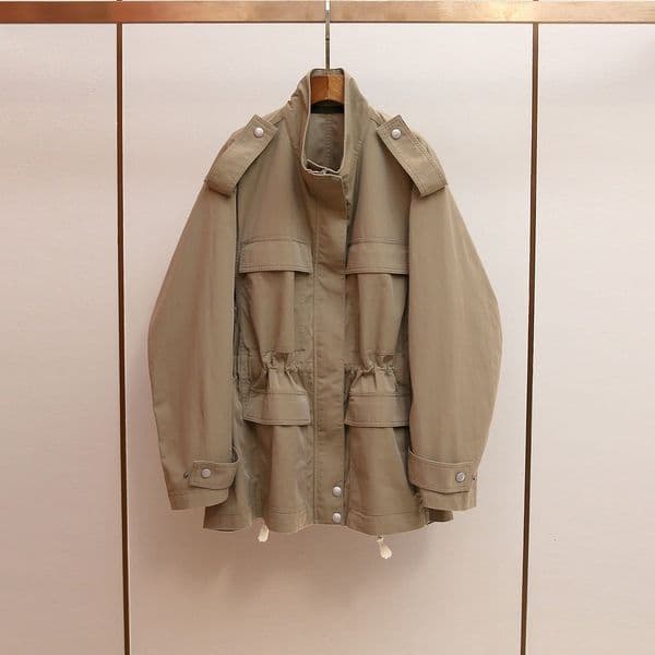 High-End Women's Clothing Autumn New French Retro Style Elegant Workwear Stand Collar Drawstring Trench Coat for Women