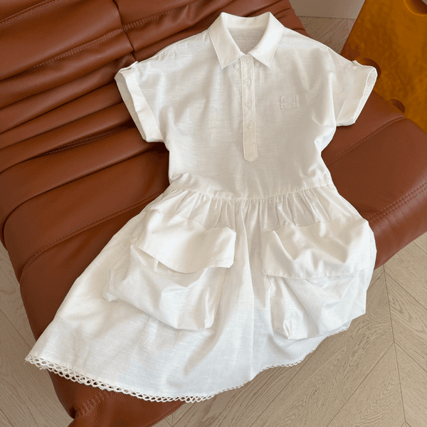 Luxury Designer White Polo Mini Dress With Pockets Lace Hem Short Sleeve Women Casual Summer Dress