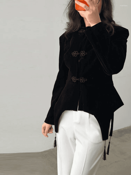 Women's Jackets Black Velvet Tassel Jacket Knot Button Asymmetric Hem Long Sleeve Slim Fit Elegant Daily Commute Streetwear Fashion
