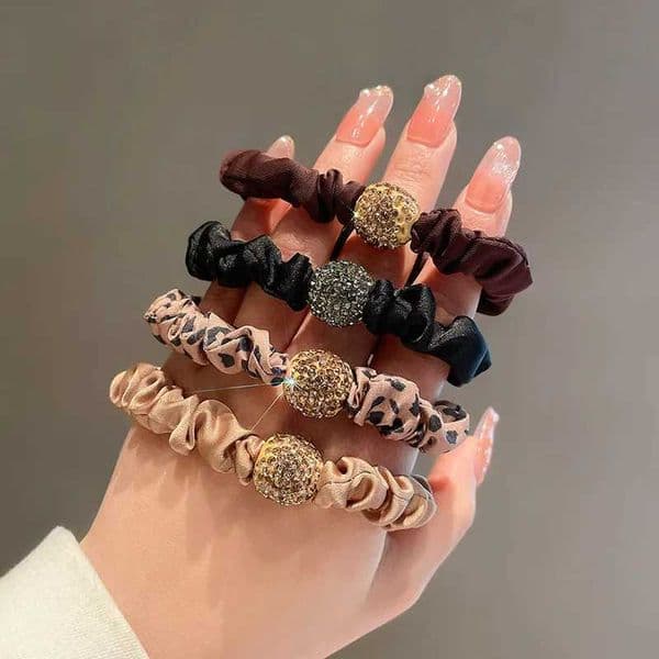 4pcs/Bag Girls Elastic Hair Band Accessories Fashion Hair Ties Leopard Ponytail Rhinestone Scrunchies for Women Hair Tie L260424