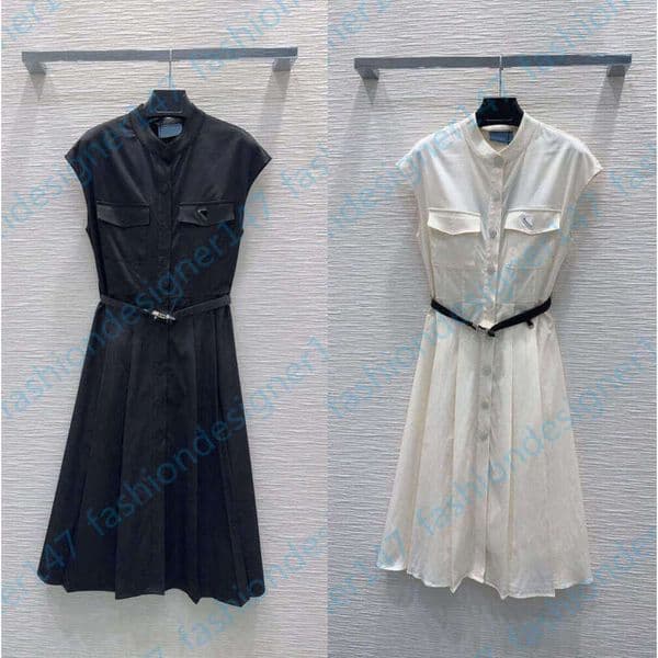 Women designer dresses Sleeveless Midi Shirt Dress Stand Collar Button Down With Belted Signature Triangle Brand Logo Lightweight Casual Dress for Women SML