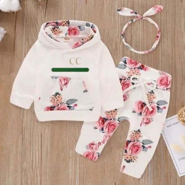 Baby sweatshirt set - New children's patchwork printed pants with drawstring hood and thick cotton three-piece set