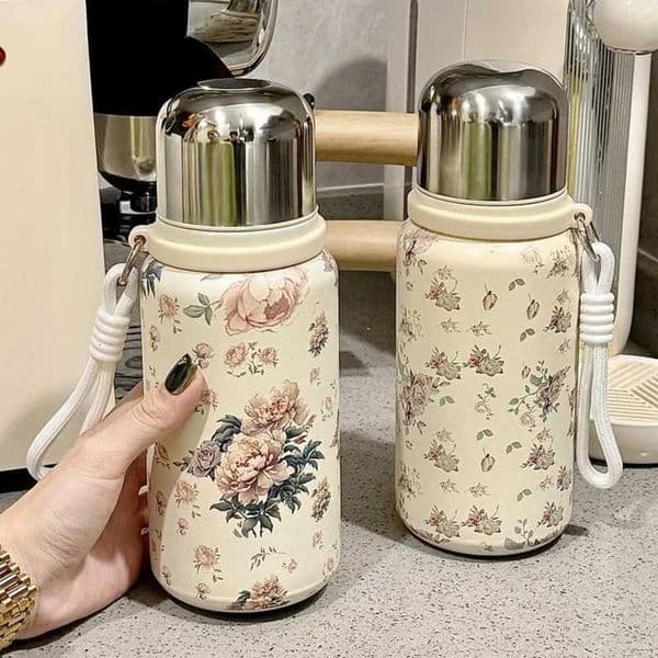 Luxury Designer Decor 316 Stainless Steel Water Bottle Vintage Floral room Coffee With Lid Girl Elegant Rose Portable Thermos Cup Drinkware 10