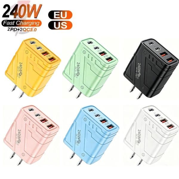 QC3.0 240W USB C Fast Charger Block Quick Charge 4 Ports PD USB Cellphone Charging Travel Wall Charger Travel Power Adapter For iphone 17 16 15 14 13 Samsung S26 S25 S24