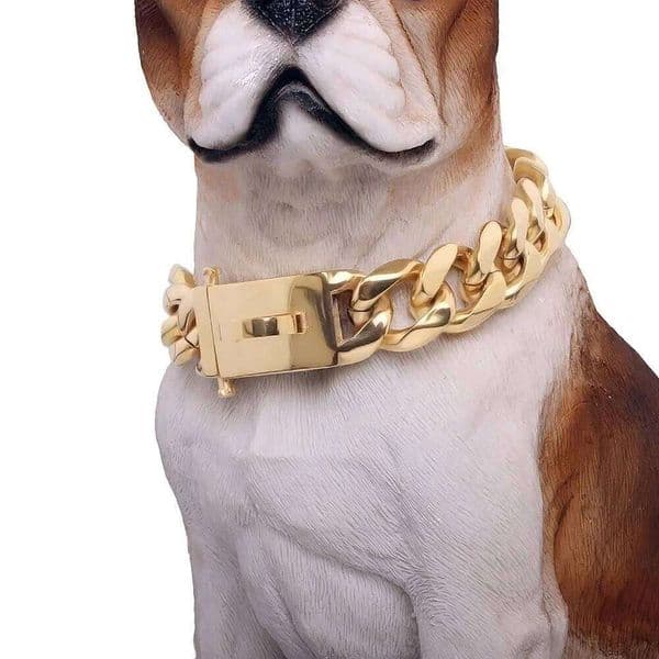 316L Stainless Steel 19mm Metal Collar Chewproof Walking Chain with Secure Buckle for Puppy Large Dog Gold Silver Cuban Link 26H0424