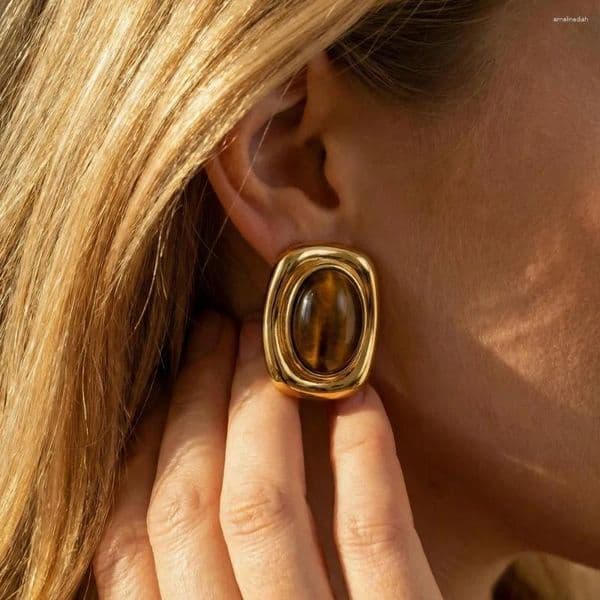 Stud Earrings Chunky Vintage Tiger Eye Black Stone Stainless Steel For Women Statement 18K Gold Plated French Autumn Jewelry