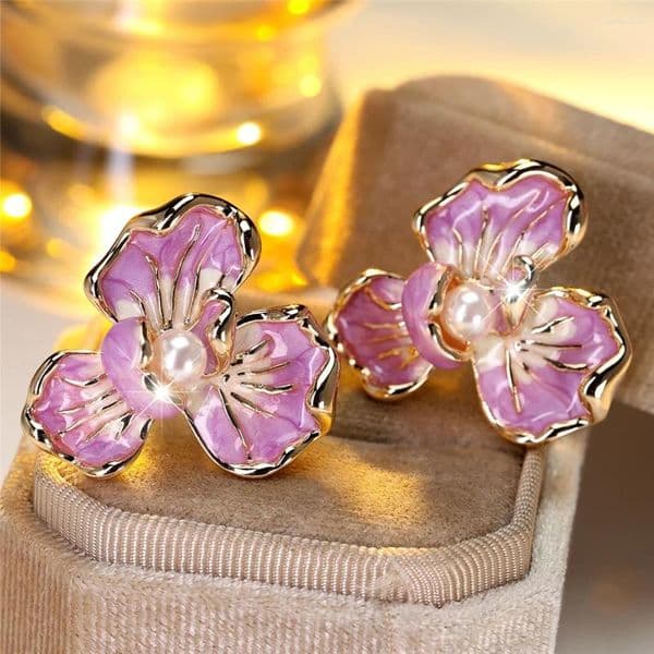 Stud Earrings Cute Female White Pearl Purple Enamel Gold Color Flower Lovely Bridal Wedding Jewelry For Women