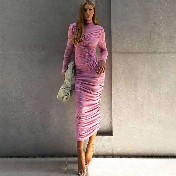 Women's New Solid Temperament Turtleneck Dress Fashion Bodycon Long Sleeve Slim Midi Dresses 2025 Sexy Skinny Party Evening Gown 26W0424