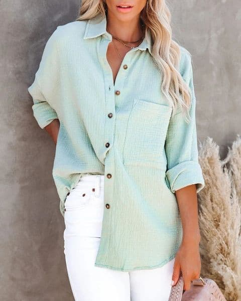 Womens Oversize Shirt Pocket Elegant Beautiful Blouse Women Casual Solid Turn Down Collar Loose Long Sleeve Top 2023 260423BANJIA
