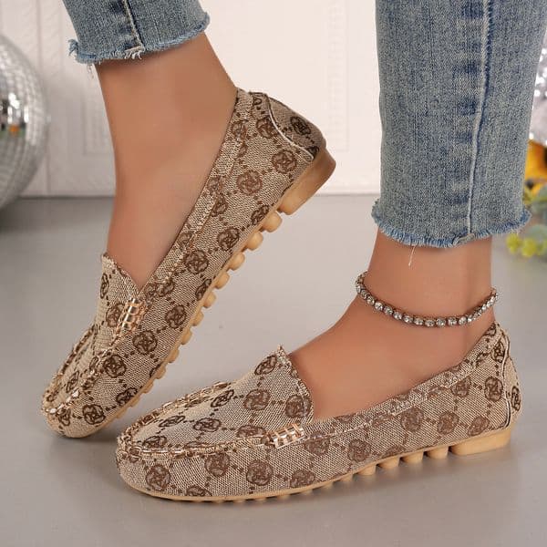 Women Vintage Monogram Print Loafers, Comfort Flat Slip-on Casual Driving Moccasin Shoes