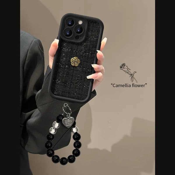 Camellia bead chain lanyard phone case for iPhone 17 16Promax 14 15 16 13 Plush fabric phone case Light luxury anti-drop shell J260423