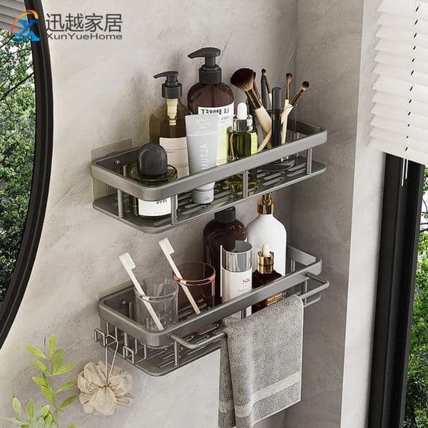 Designer Bathroom Shelf Shower Shampoo Holder Gray Aluminum Storage Cosmetic Basket Wall h Self-Adhesive Organizer Rack Household Accessory Free Shipping 1