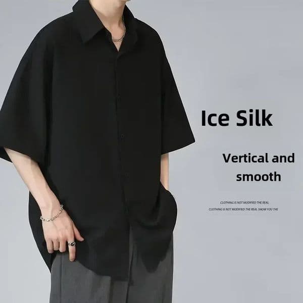 Mens Ice Silk Short Sleeve Shirt Casual Loose Fit Korean Style Trendy Black Shirt For Summer Thin Sleeve Casual 260424