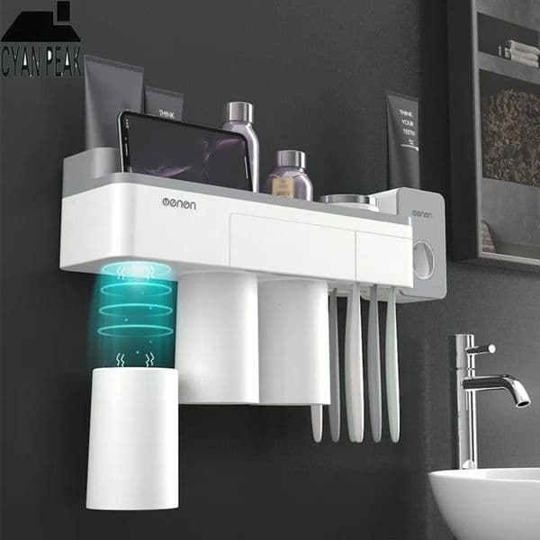 h Designer Wall Mount Toothbrush Holder Automatic Dispenser Toothpaste Squeezer With Cup Storage Rack Bathroom Accessories Set Free Shipping 1