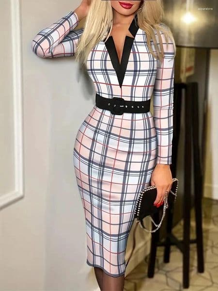 Casual Dresses Allover Print V Neck Pencil Dress Elegant Long SleeveBelt Women's Clothing