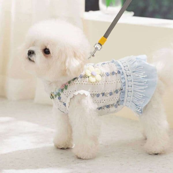 Little Blue Flower Clothes Countryside Style Pet Dress Summer Hollow Dog Pullover With Traction Buckle Bamubi