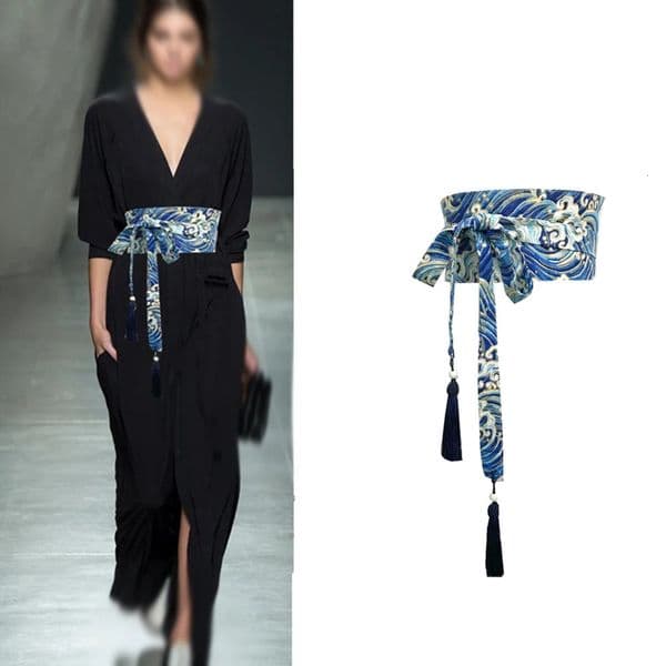 Japanese Traditional Kimono Belt Women Corset Tassel Belt Blue Wave Pattern Wide Belt Yukata Crane Haori Obi Asian Waist Belts 260423