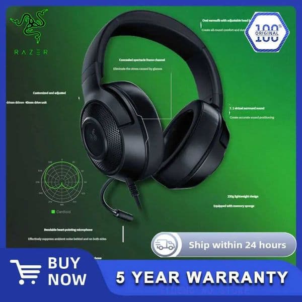 NEW Razer Kraken X - Multi-Platform Wired Gaming Headset Bendable Cardiod MicrophoneCustom-Tuned 40mm Drivers 35mm Connection J260423