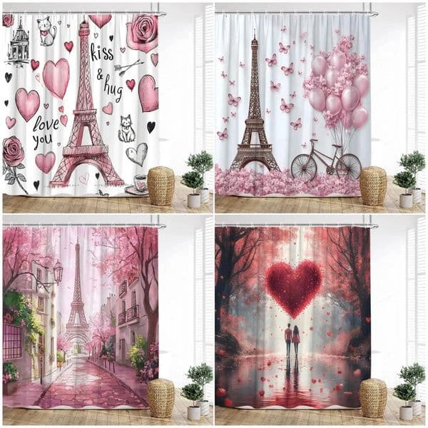 Designer h Vintage Paris Tower Shower Curtains Pink Butterfly Balloon Love Heart Floral Valentines Day Bathroom Curtain Decor With Hooks Free Shipping 10