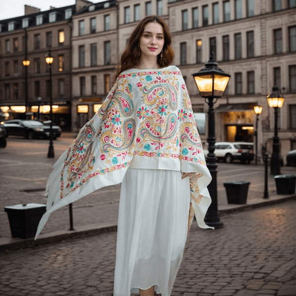 Women's Faux Wool Embroidered Cape, Warm Shawl Wrap Scarf