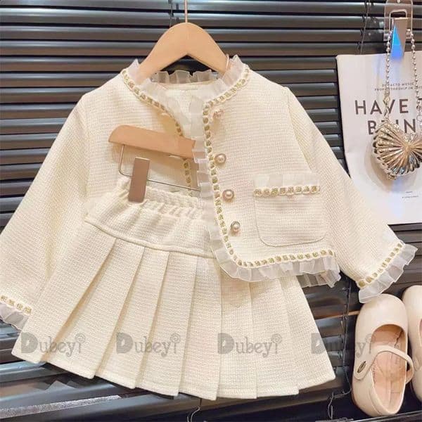 Girls Autumn Tweed 2 Pieces Clothes Set for Baby White Plaid Causal Wear Cc Boutique Skirt Cardigan Wear Children Outfit 260424