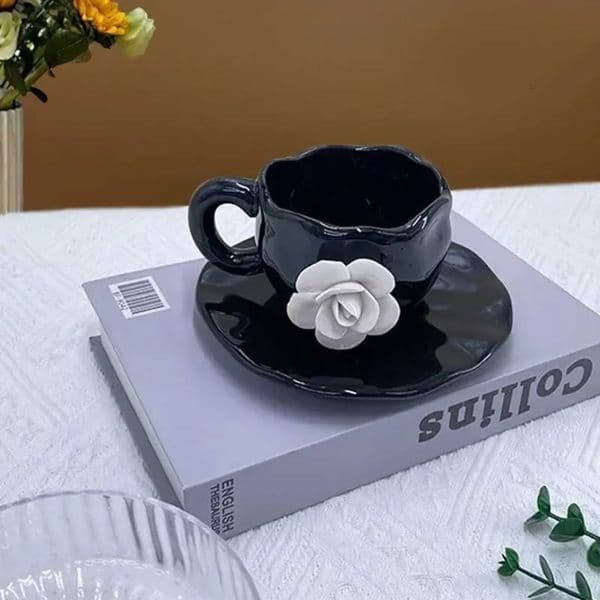 Luxury Designer Decor Luxery Petal Coffee Hand-Pinched White Rose Cups Ceramic And Saucers Creative Home room Afternoon Tea Mug Three-Dimens 6