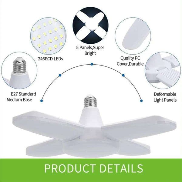 Foldable bulb E27 fan blade LED light AC 85-265V 28W spotlight, suitable for home ceiling, room, and garage lighting