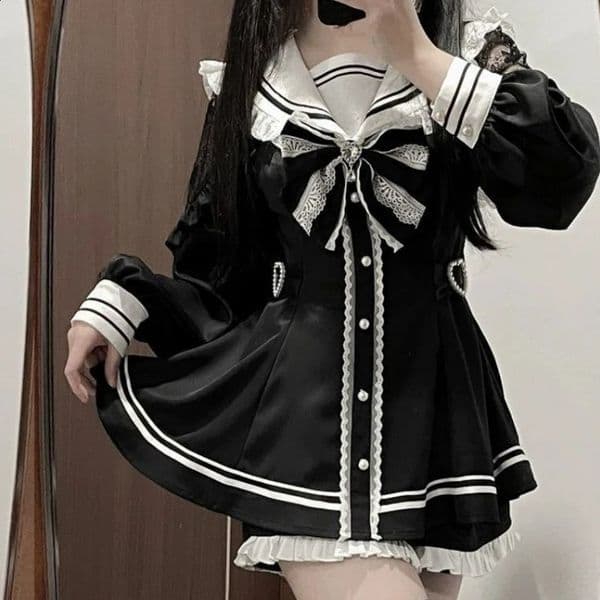 Japanese Style Gothic Y2k Lolita Bow Dress Shorts Set Women Vintage Sweet Long Sleeve Button Shirt Party Dresses Slim Mini 260424BANJIA