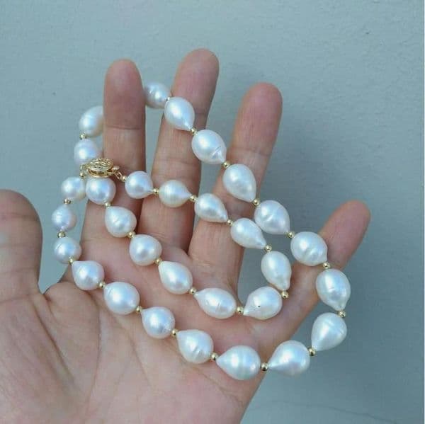 Jewelry Pearl Necklace 20 " Gorgeous HUGE AAA 10-11mm south sea white baroque pearl necklace 14K Gold