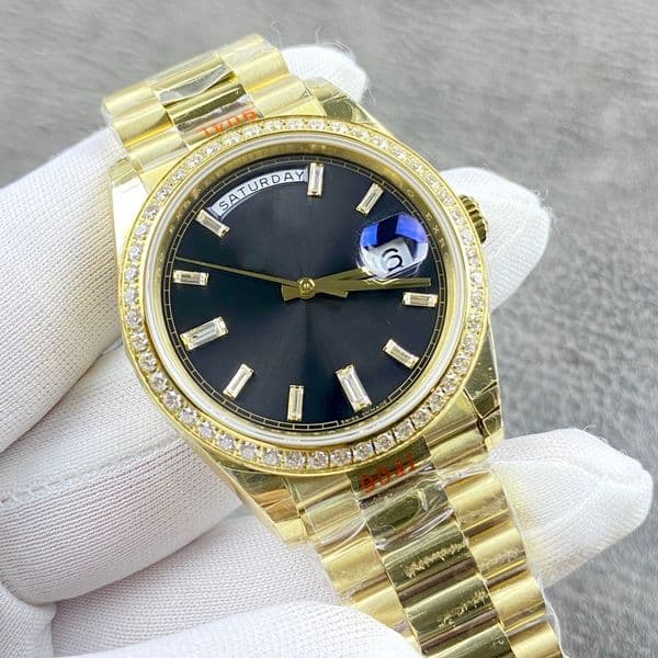 Men's Luxury Automatic Watch Day-Date 40mm, Yellow Gold Diamond Bezel Black Dial with Baguette Diamonds Clone Movement Sapphire Glass Waterproof