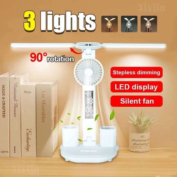 Rechargeable Table for Study Lamp Night with Fan Led Clock Dispaly Reading Desk Light