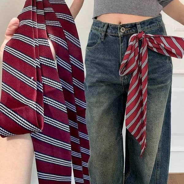 Retro Red Striped Tie Women's High-end Style Multi-functional Personality Fashion Neck Silk Scarf Waist Belt Accessories ddmythur