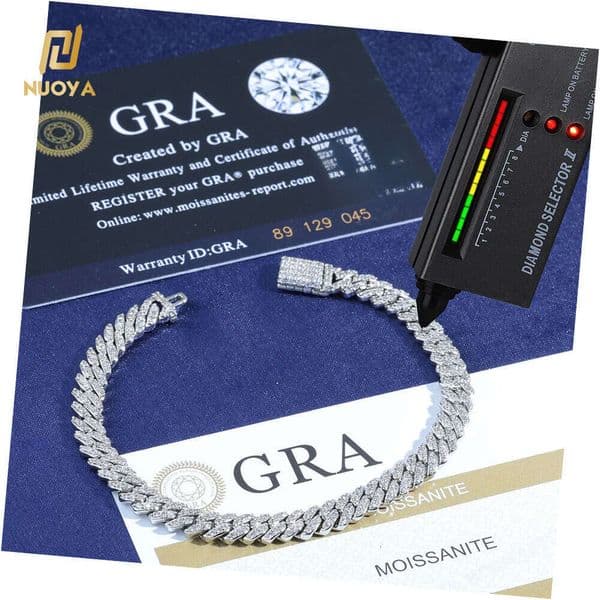 NUOYA Hip Hop Ice with VVS moissanite 925 Silver Iced Out Link Pass Diamond Test Custom 6mm Width 1 Row Cuban Chain Moissanite Bracelet