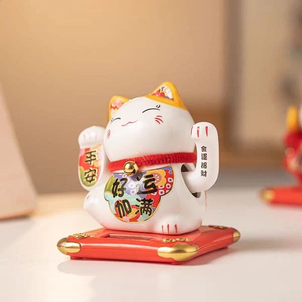 43 Inch Solar Powered Fortune Cat Ornament Lucky Cat Waving Arm Ceramic Maneki Neko Car Desktop Decoration Mascot Figurine 260424