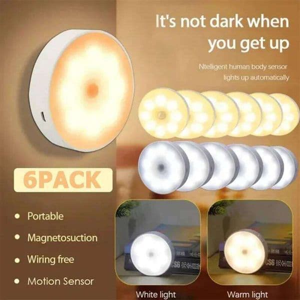 6PCS Motion Sensor LED USB Rechargeable Night For Kitchen Cabinet Wardrobe Lamp Staircase Wireless Closet Light