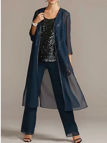 Elegant Pantsuit Jumpsuit Navy Blue Mother Of The Bride Pant Suits A-Line Chiffon Floor Length Sleeveless Mother of Groom Dress for Women CA1033