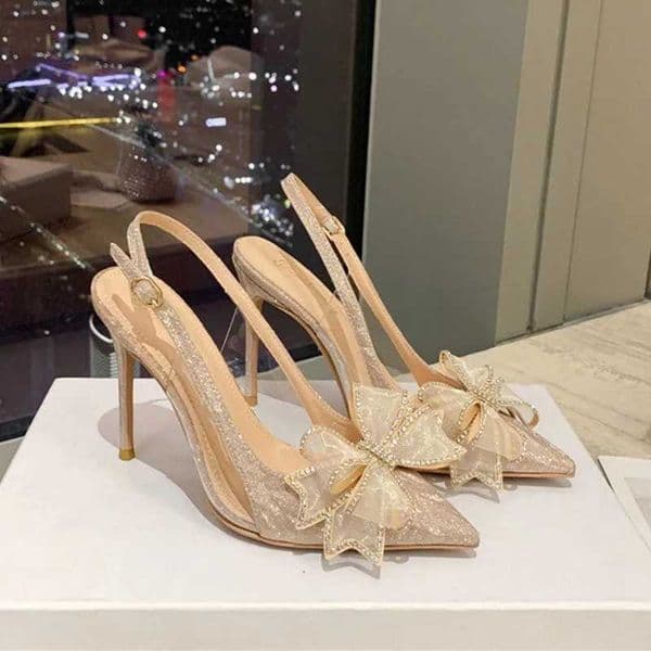 New Pointed Bridal Wedding Shoes Sparkly Material Rhinester Bow Head Back Empty Glass Glue High Heel Sandals Flower Pumps Q260425