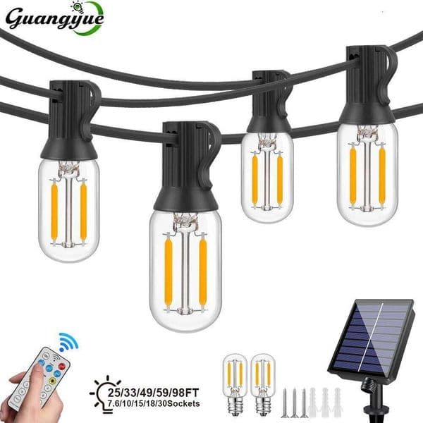 String Light Outdoor Waterproof T22 Bulbs LED Solar Powered Patio Lights for Outside Porch Backyard Bistro Garden Market