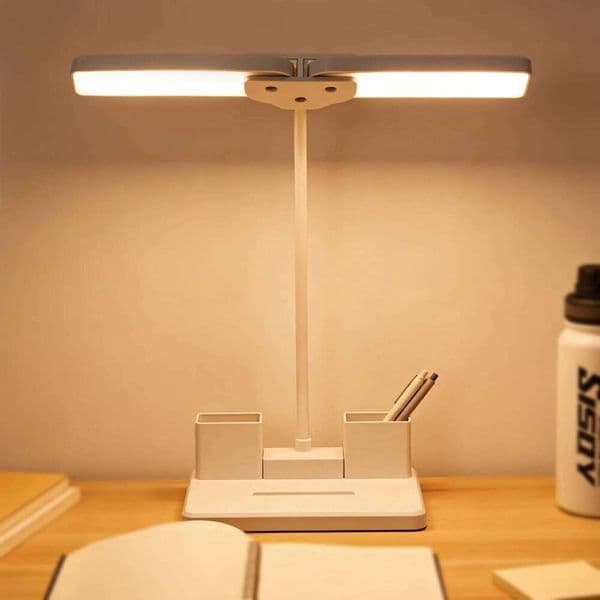 Dual-Head LED Desk Lamp, Pen Holder Organizer Eye-Caring Study Light for Office, Home, School
