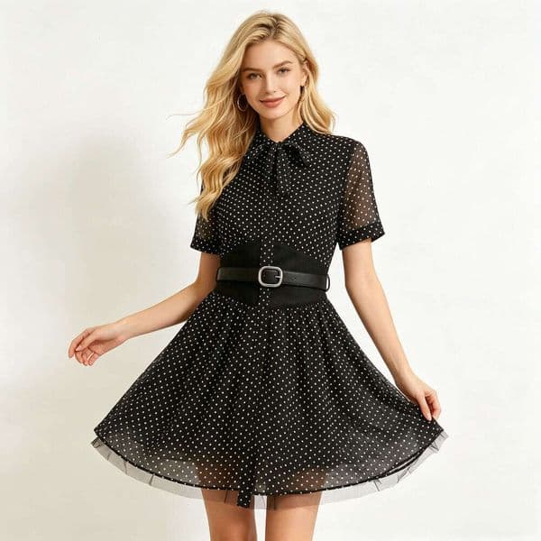 Autumn new designer French high-end social tie patchwork short sleeved polka dot mesh women's dress