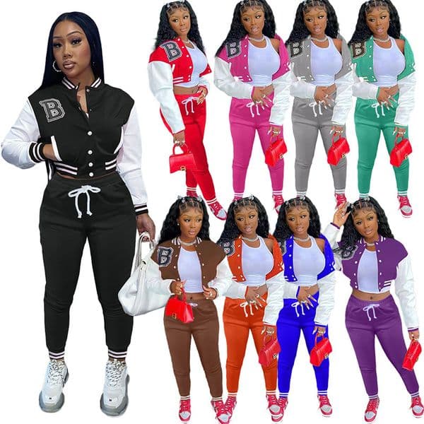 Womens Letter Color Block Single-Breasted Letter Print Baseball Jacket Sports Set Two-Piece Womens Clothing