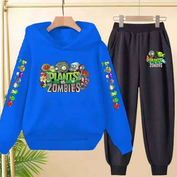 Boy Girl Fashion Plant Zombie Print Children Outerwear Autumn Winter 2 Piece Hoodie Trousers 3-12 Age Pullover Hooded Sportswear S260424