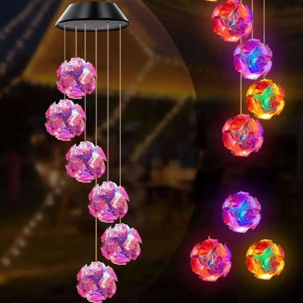 New Powered Color Changing Pink Embroidered Ball Flower Wind Chime Waterproof Outdoor Night Light Hanging Solar Lamp