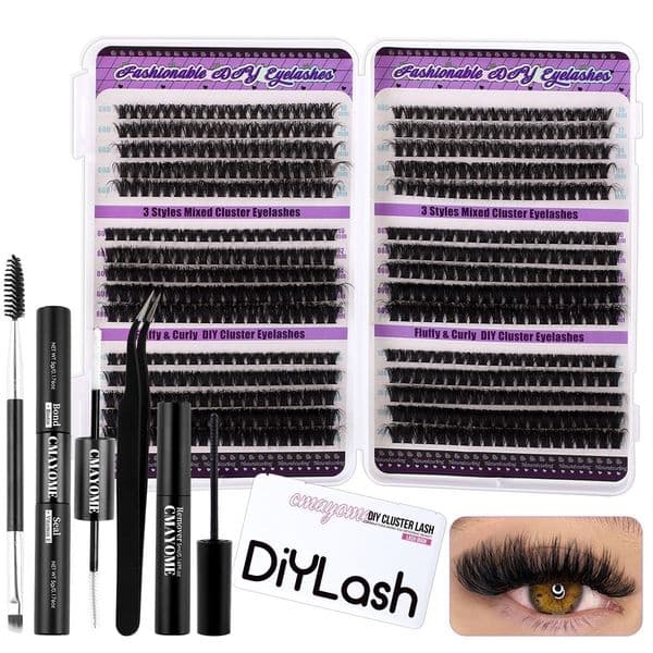 Lash Clusters - 600Pcs Thick Fluffy Individual Eyelashes Soft Lightweight, Handamde Reusable DIY Eyelash Extension Kit with Lash Bond and Seal Strong Hold