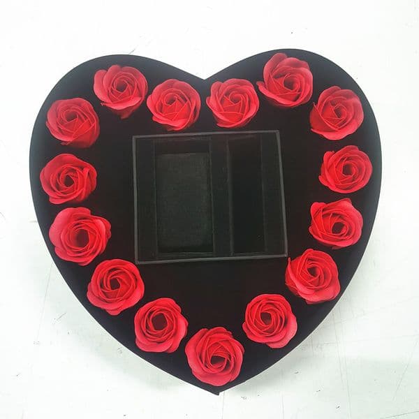 Heart Shaped Rose Jewelry Gift Box, Black Velvet Lined Watch Bracelet Storage Box with Red Artificial Roses for Valentine's Day Proposal Weddin