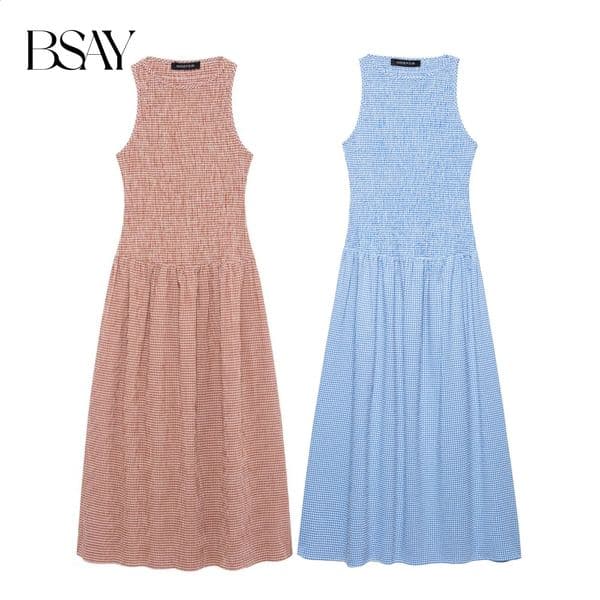 BSAY Dress for Women Fashion Summer Plaid Fold Sleeveless Oneck Midi Vest Dresses French Chic Female Evening Clothing 260424BANJIA