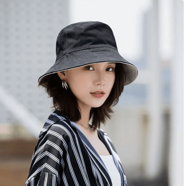 Double sided blue fisherman hat for women summer thin design anti travel Japanese sunshade shopping basin hat Wide Brim Hats