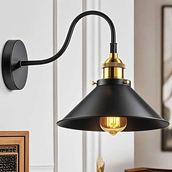 Black Industrial Sconce Light, Farmhouse Lamp Fixtures, E27 Gooseneck Vintage Wall Mount Lighting Fixture for Bedroom