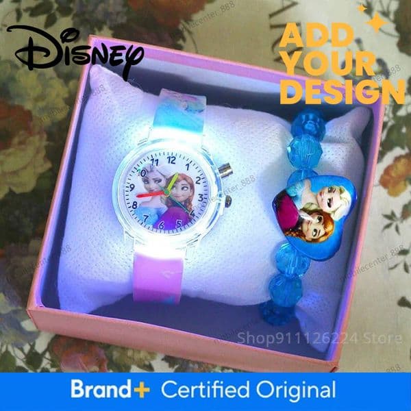 Designer Disney Disney Flash Light Girls Elsa Watches Kids With Bracelet Silicone Strap Princess Children Watches Student Clock Reloj Infantil Luxury 433